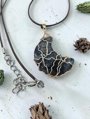 Handcrafted Black Moonstone Pendant Necklace with Gold Wire Wrap